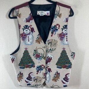 Vtg Orvis Tapestry Women's Christmas Vest‎ Sz L Snowman Cottagecore Grandmacore